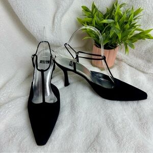 Stuart Weitzman Black Strappy pointed toe rhinestone flare Heels size 9